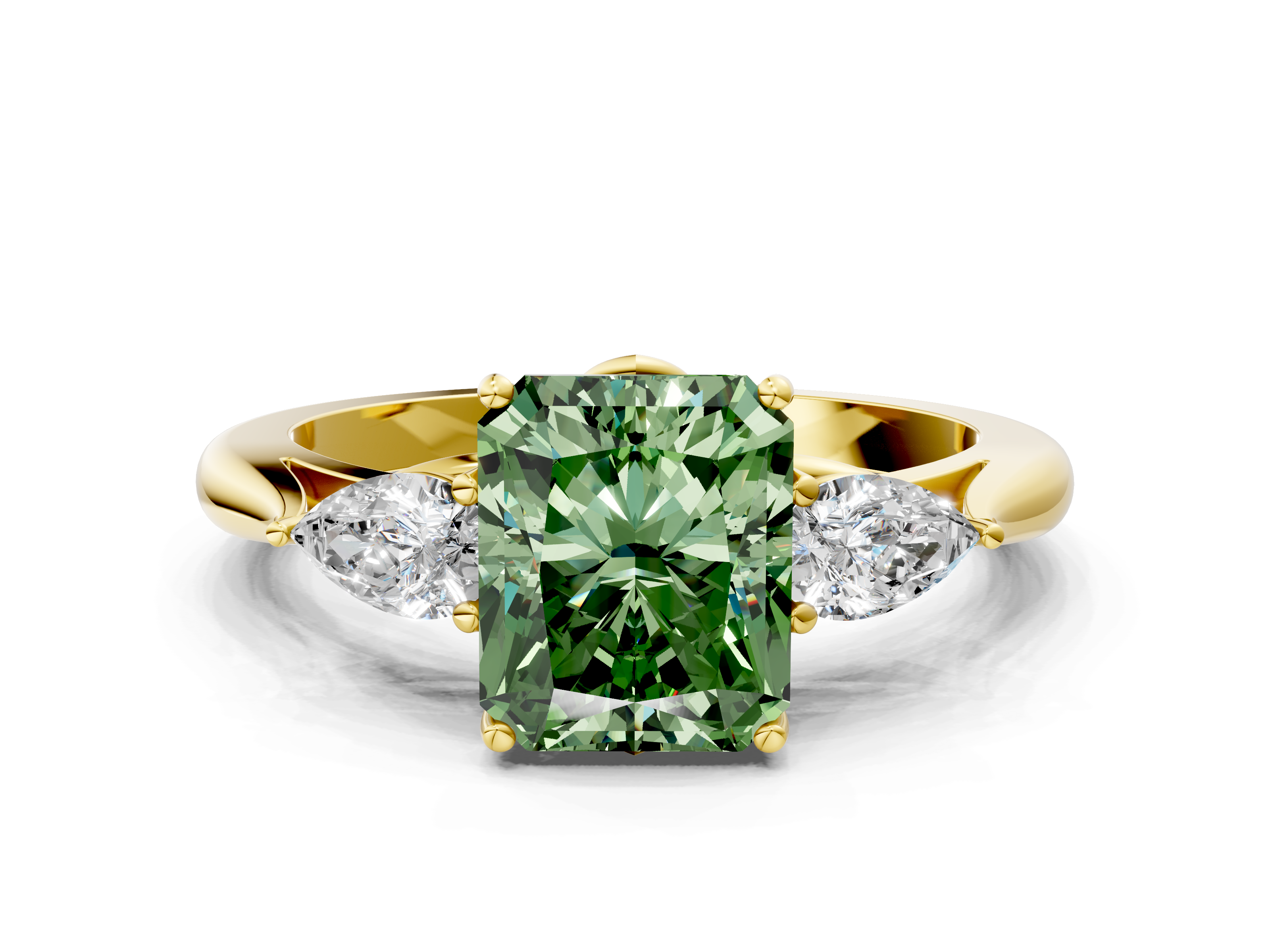 Yellow gold Three-Stone Fancy Green Radiant  Diamond Solitaire Ring with Pear Side Stones and Four-Prong Setting_31