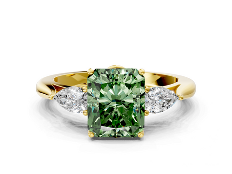 Yellow gold Three-Stone Fancy Green Radiant  Diamond Solitaire Ring with Pear Side Stones and Four-Prong Setting_31