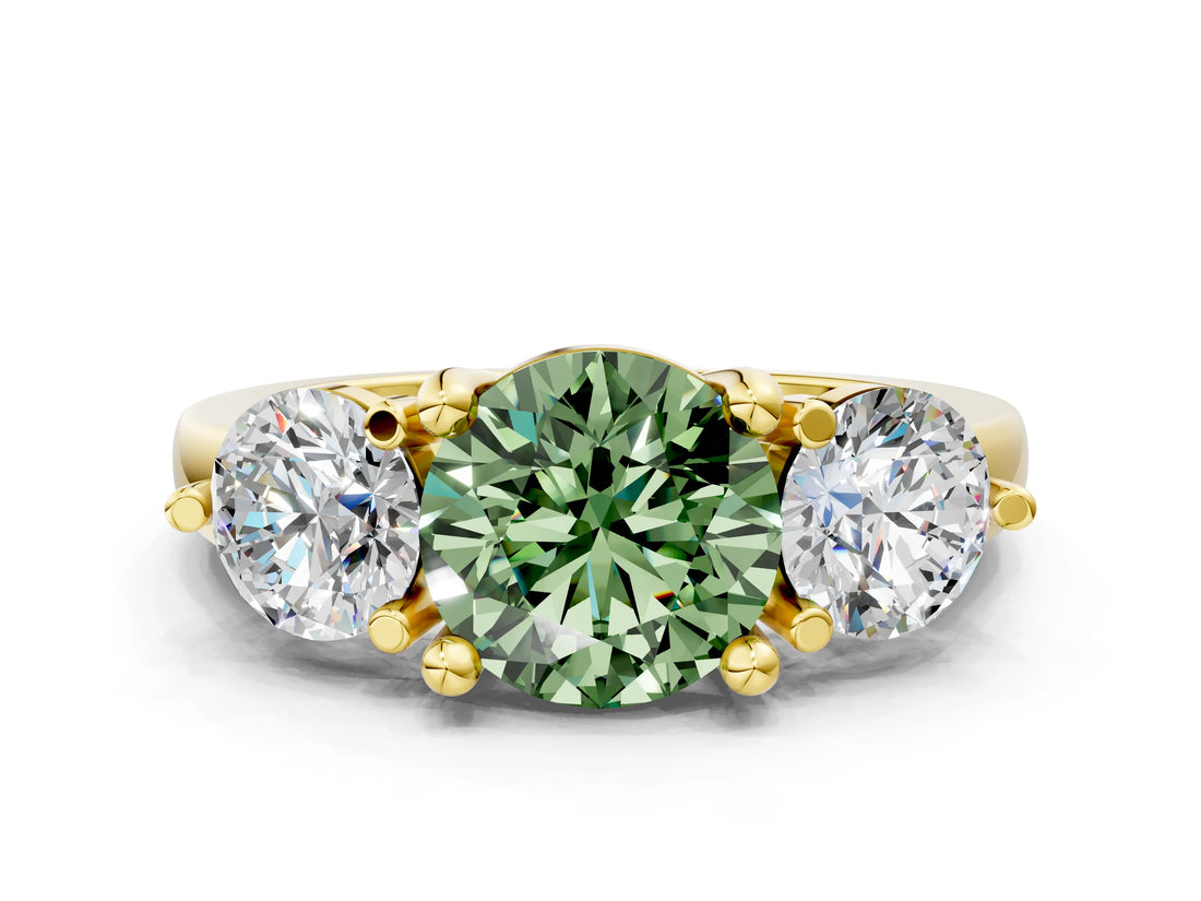 Yellow gold Three-Stone Fancy Green Round  Brilliant Cut Solitaire Ring with Prong Setting on a Classic Band
