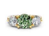 Yellow gold Three-Stone Fancy Green Round  Brilliant Cut Solitaire Ring with Prong Setting on a Classic Band