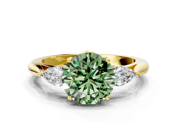 Yellow gold Three-Stone Fancy Green Round Cut Brilliant Diamond Solitaire Ring with Tapered Band and Four-Prong Setting