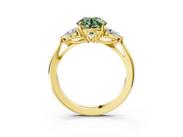 Yellow gold Three-Stone Fancy Green Round Cut Brilliant Diamond Solitaire Ring with Tapered Band and Four-Prong Setting