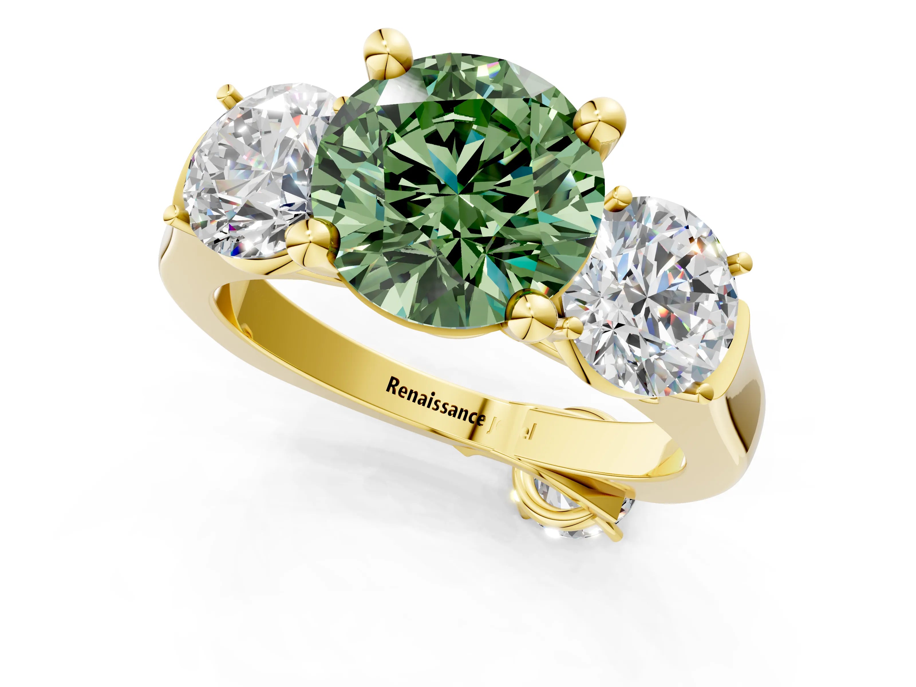 Yellow gold Three-Stone Fancy Green Round Cut Brilliant Diamond Trellis Ring with Comfort Fit Band_1