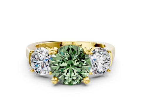 Yellow gold Three-Stone Fancy Green Round Cut Brilliant Diamond Trellis Ring with Comfort Fit Band_12