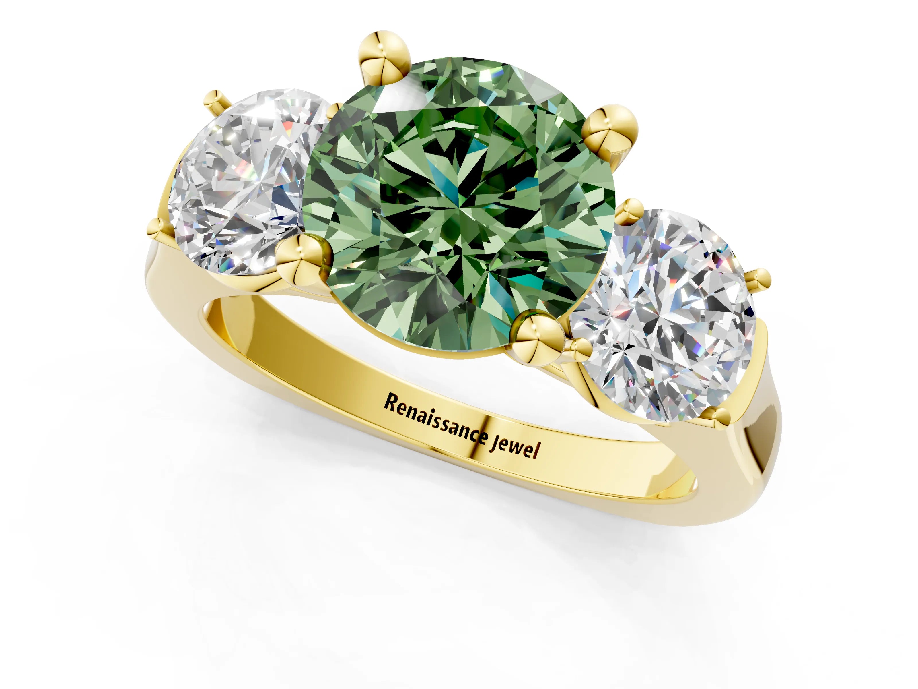 Yellow gold Three-Stone Fancy Green Round Cut Brilliant Diamond Trellis Ring with Comfort Fit Band_13