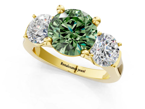 Yellow gold Three-Stone Fancy Green Round Cut Brilliant Diamond Trellis Ring with Comfort Fit Band_13