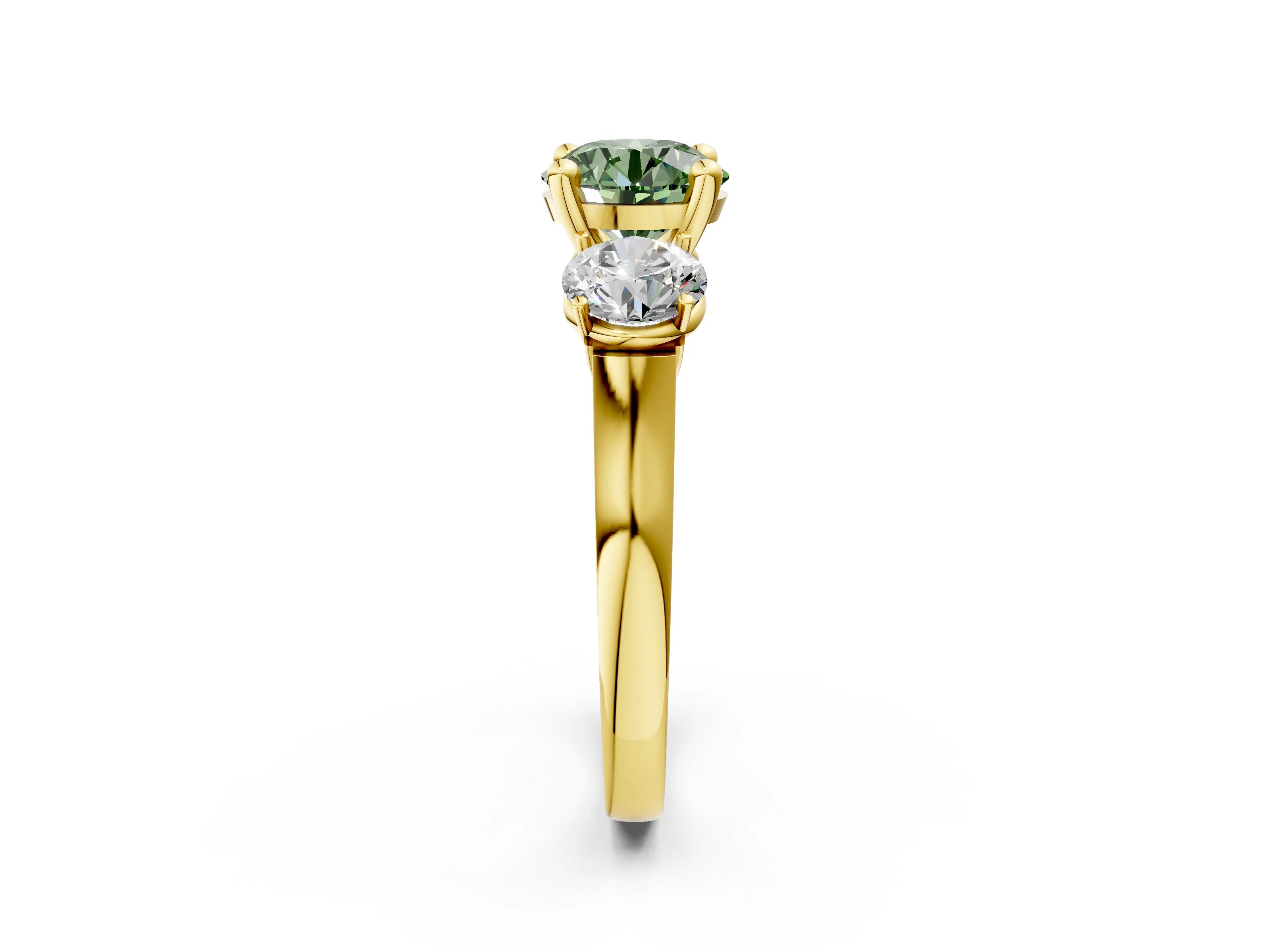 Yellow gold Three-Stone Fancy Green Round Cut Brilliant Diamond Trellis Ring with Comfort Fit Band_14