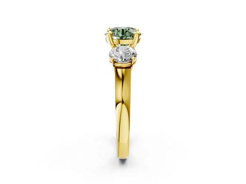 Yellow gold Three-Stone Fancy Green Round Cut Brilliant Diamond Trellis Ring with Comfort Fit Band_14