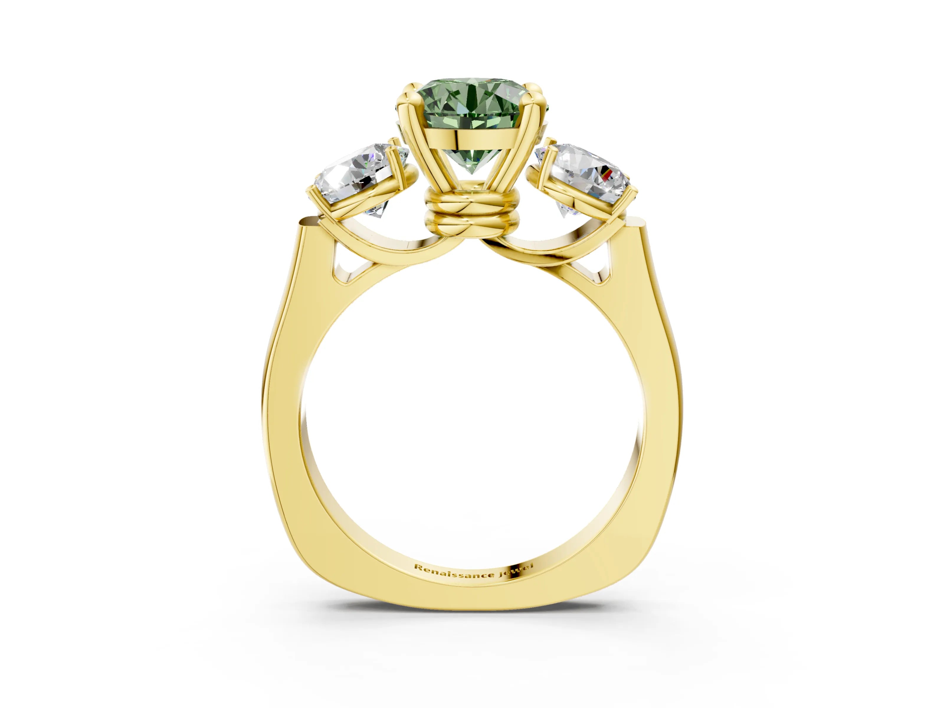 Yellow gold Three-Stone Fancy Green Round Cut Brilliant Diamond Trellis Ring with Comfort Fit Band_15