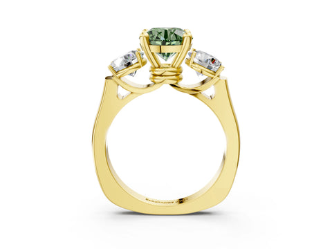 Yellow gold Three-Stone Fancy Green Round Cut Brilliant Diamond Trellis Ring with Comfort Fit Band_15