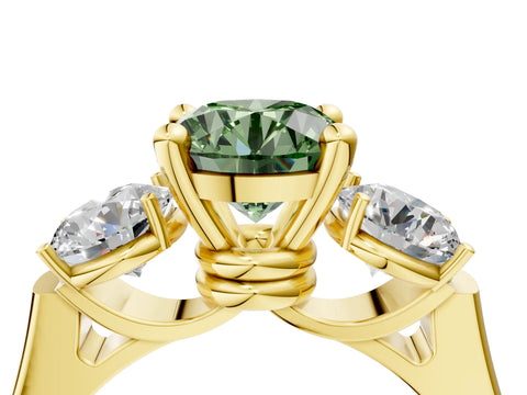 Yellow gold Three-Stone Fancy Green Round Cut Brilliant Diamond Trellis Ring with Comfort Fit Band_16