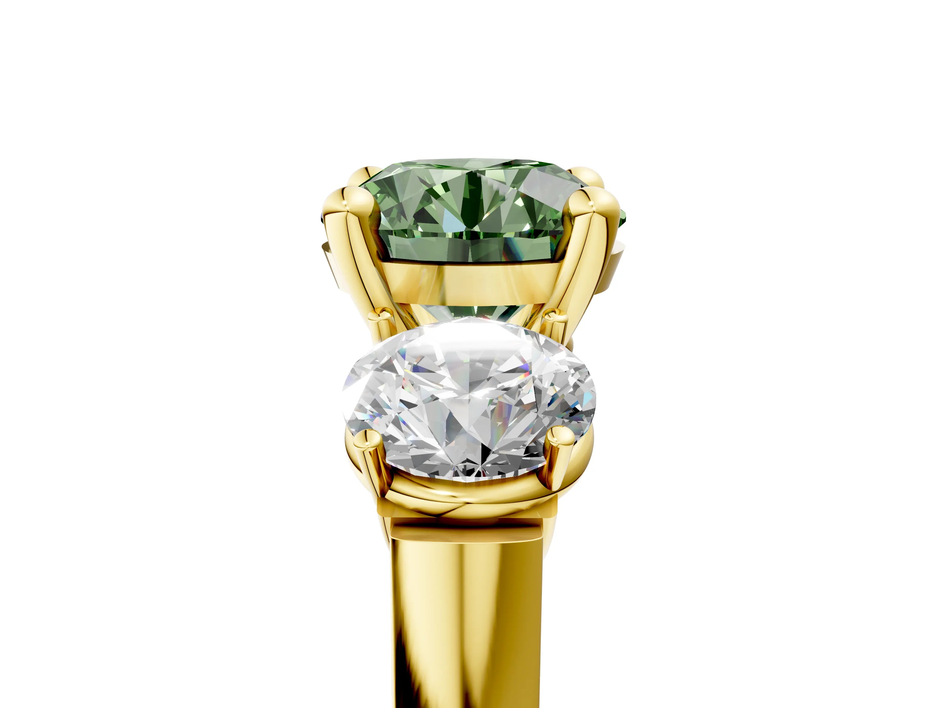 Yellow gold Three-Stone Fancy Green Round Cut Brilliant Diamond Trellis Ring with Comfort Fit Band_17