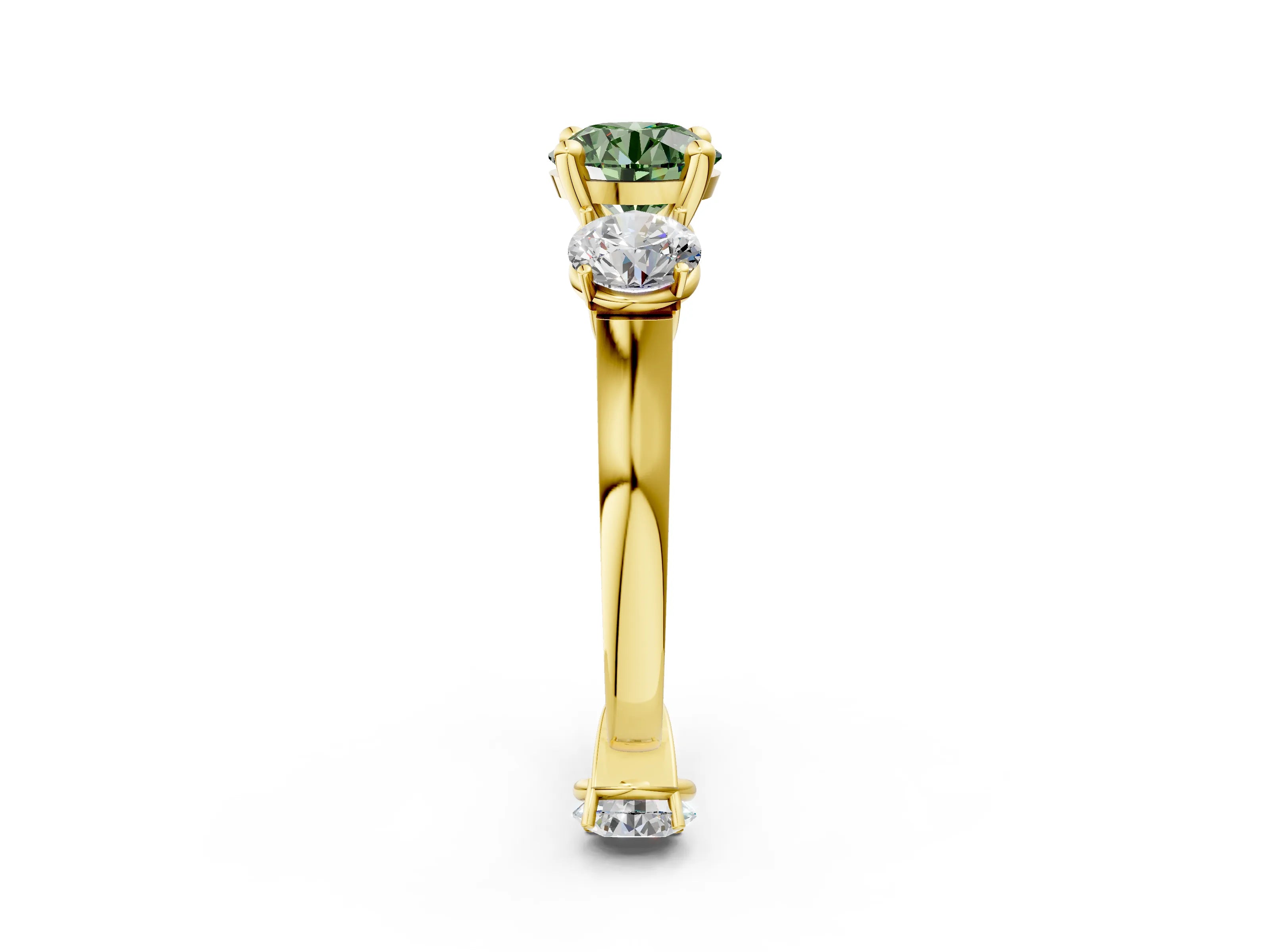 Yellow gold Three-Stone Fancy Green Round Cut Brilliant Diamond Trellis Ring with Comfort Fit Band_2