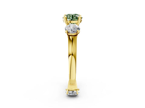 Yellow gold Three-Stone Fancy Green Round Cut Brilliant Diamond Trellis Ring with Comfort Fit Band_2