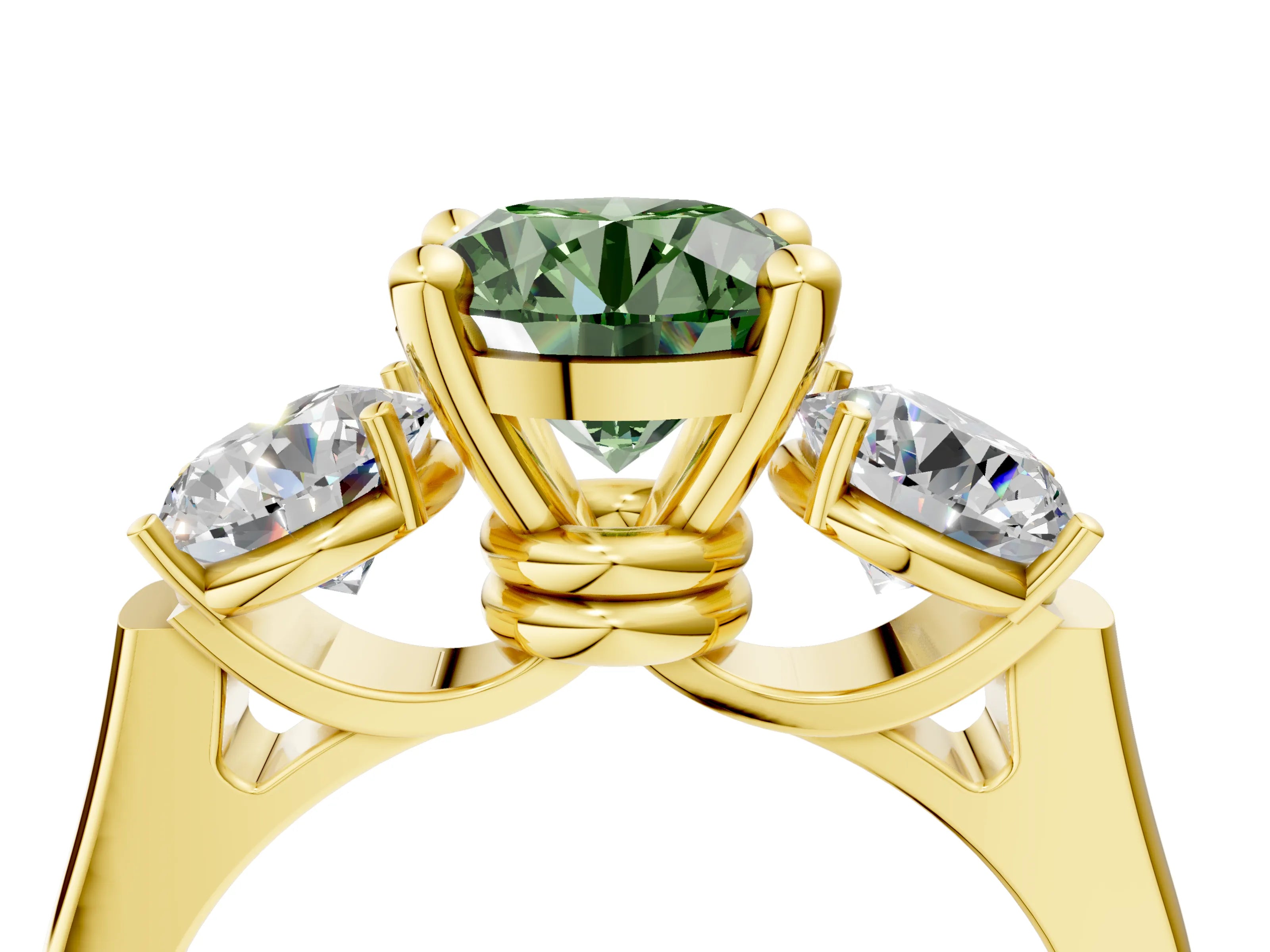 Yellow gold Three-Stone Fancy Green Round Cut Brilliant Diamond Trellis Ring with Comfort Fit Band_4