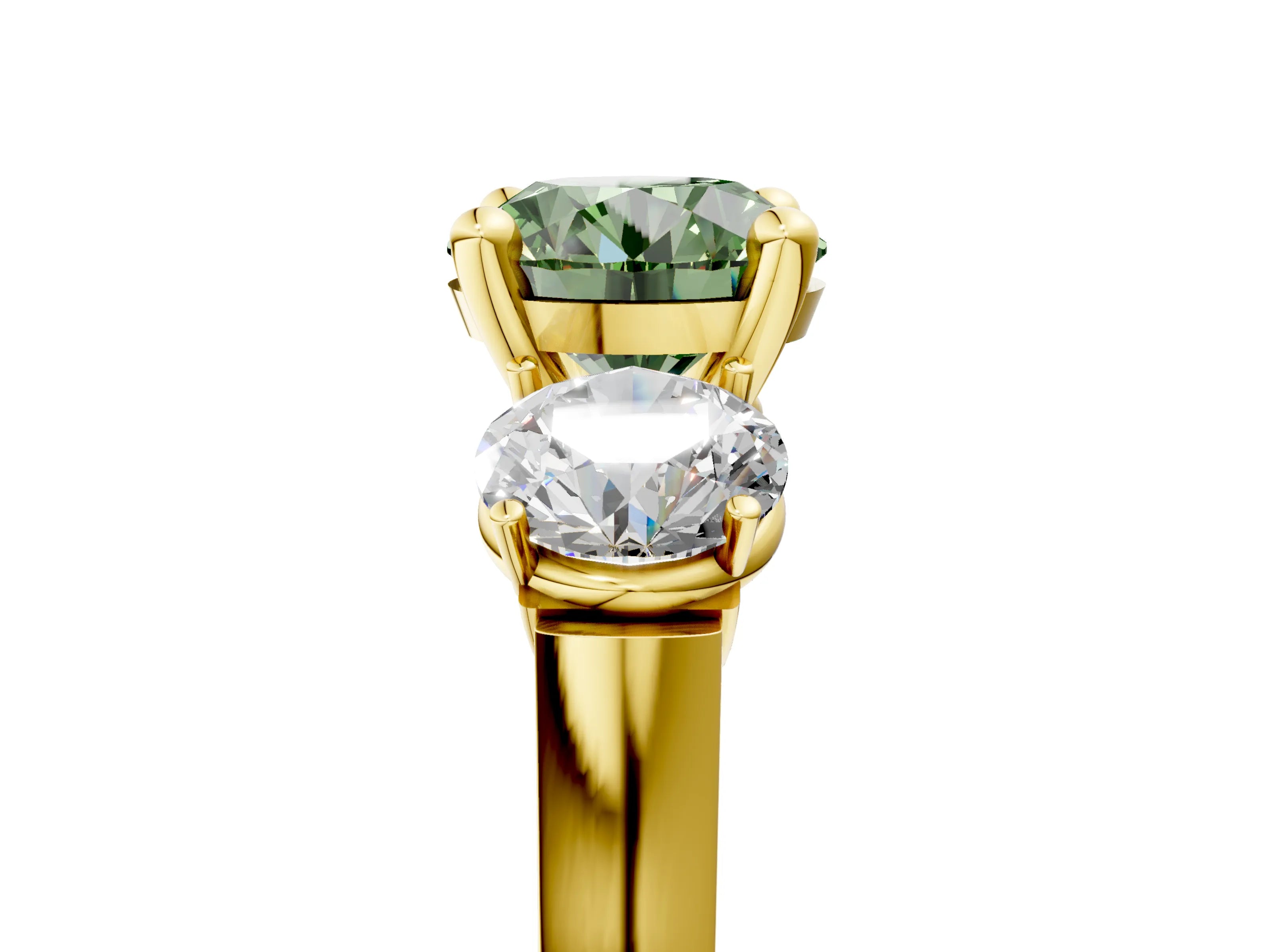 Yellow gold Three-Stone Fancy Green Round Cut Brilliant Diamond Trellis Ring with Comfort Fit Band_5