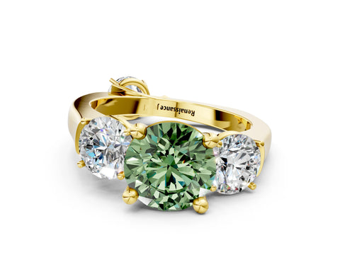 Yellow gold Three-Stone Fancy Green Round Cut Brilliant Diamond Trellis Ring with Comfort Fit Band