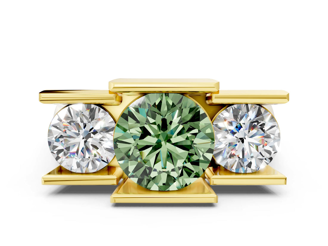 Yellow gold Three Stone Fancy Green Round Cut Cut Channel Set Diamond Ring