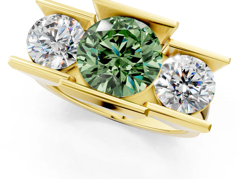 Yellow gold Three Stone Fancy Green Round Cut Cut Channel Set Diamond Ring_1