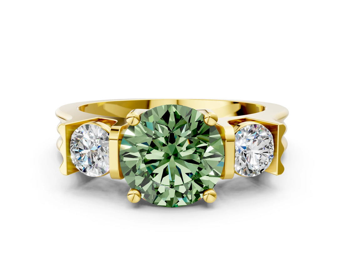 Yellow gold Three-Stone Fancy Green Round Cut Cut Classic Band Prong Setting Ring