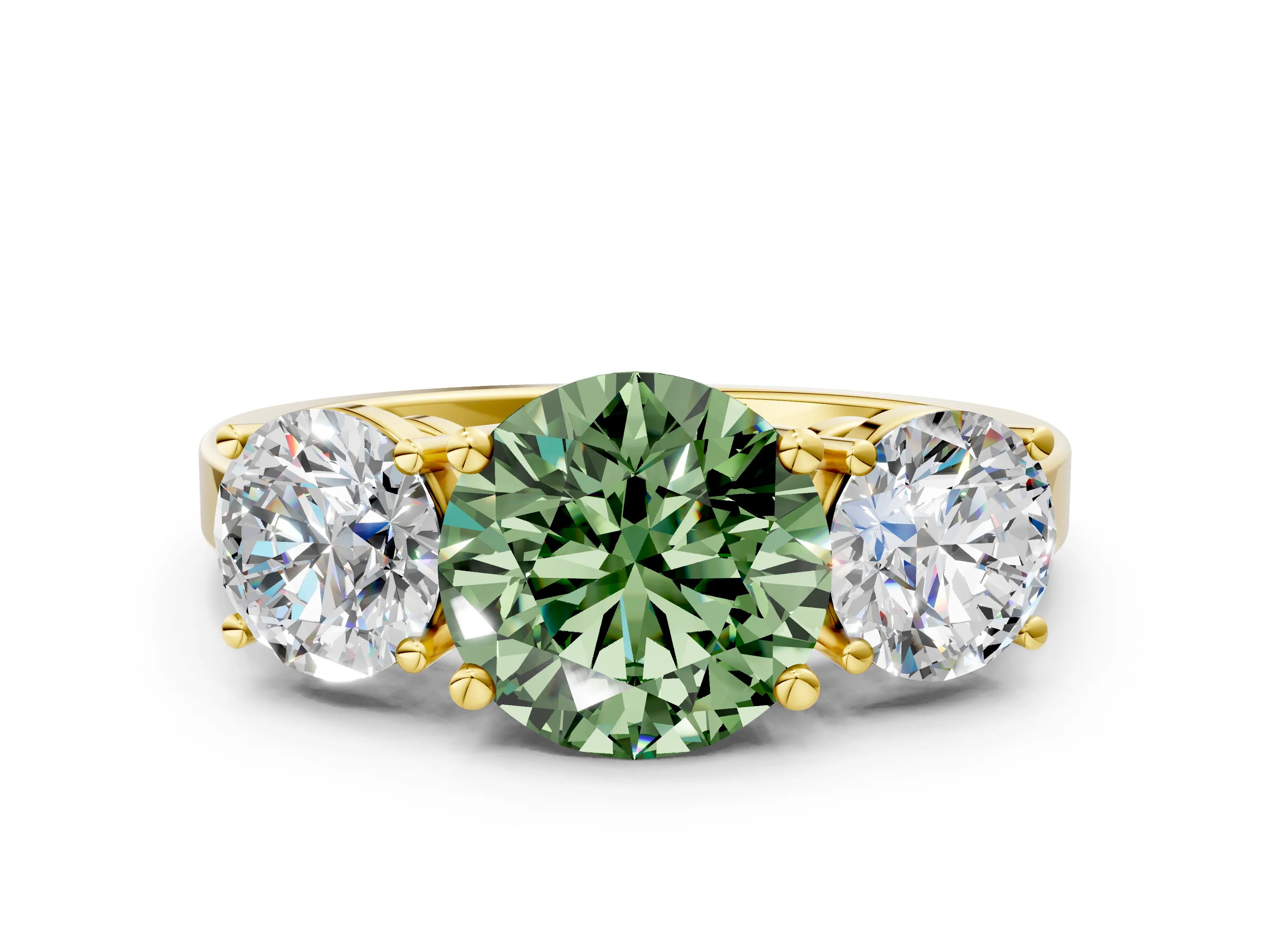 Yellow gold Three-Stone Fancy Green Round Cut Cut Diamond Engagement Ring with Flat Band and Four-Prong Setting