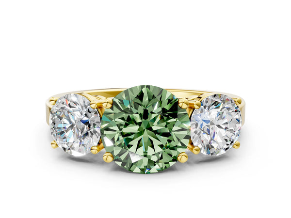 Yellow gold Three-Stone Fancy Green Round Cut Cut Diamond Engagement Ring with Flat Band and Four-Prong Setting