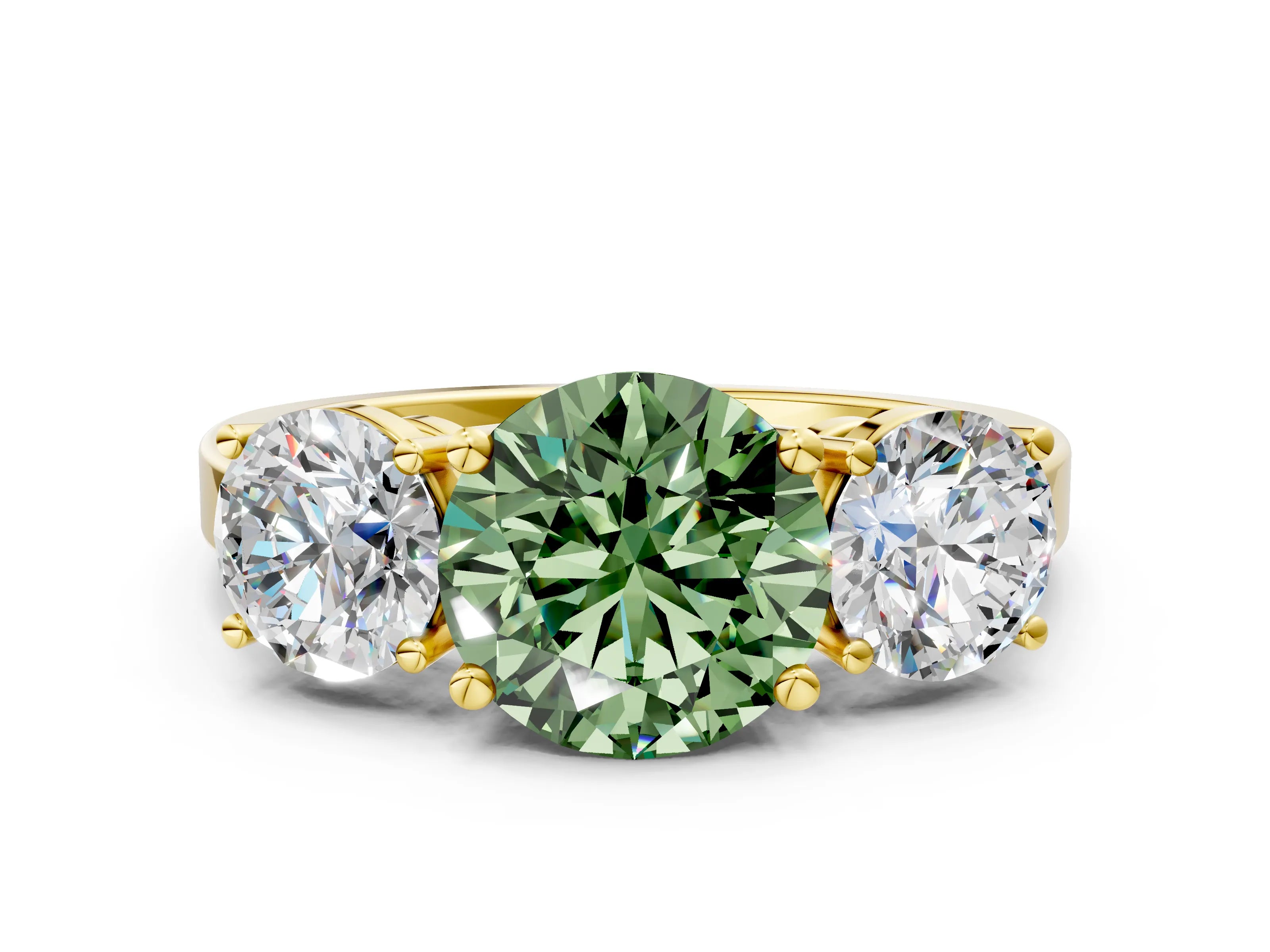 Yellow gold Three-Stone Fancy Green Round Cut Cut Diamond Engagement Ring with Flat Band and Four-Prong Setting_12