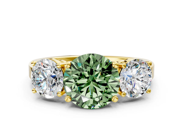 Yellow gold Three-Stone Fancy Green Round Cut Cut Diamond Engagement Ring with Flat Band and Four-Prong Setting
