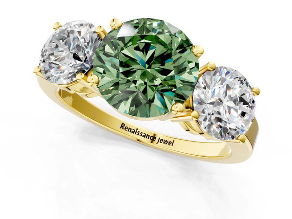 Yellow gold Three-Stone Fancy Green Round Cut Cut Diamond Engagement Ring with Flat Band and Four-Prong Setting