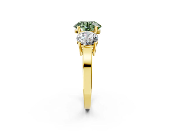 Yellow gold Three-Stone Fancy Green Round Cut Cut Diamond Engagement Ring with Flat Band and Four-Prong Setting