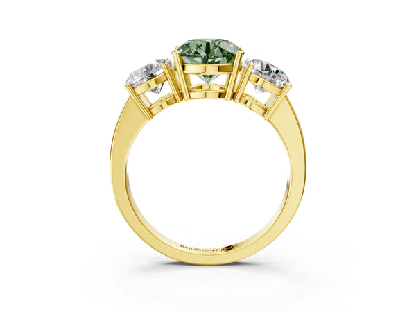 Yellow gold Three-Stone Fancy Green Round Cut Cut Diamond Engagement Ring with Flat Band and Four-Prong Setting