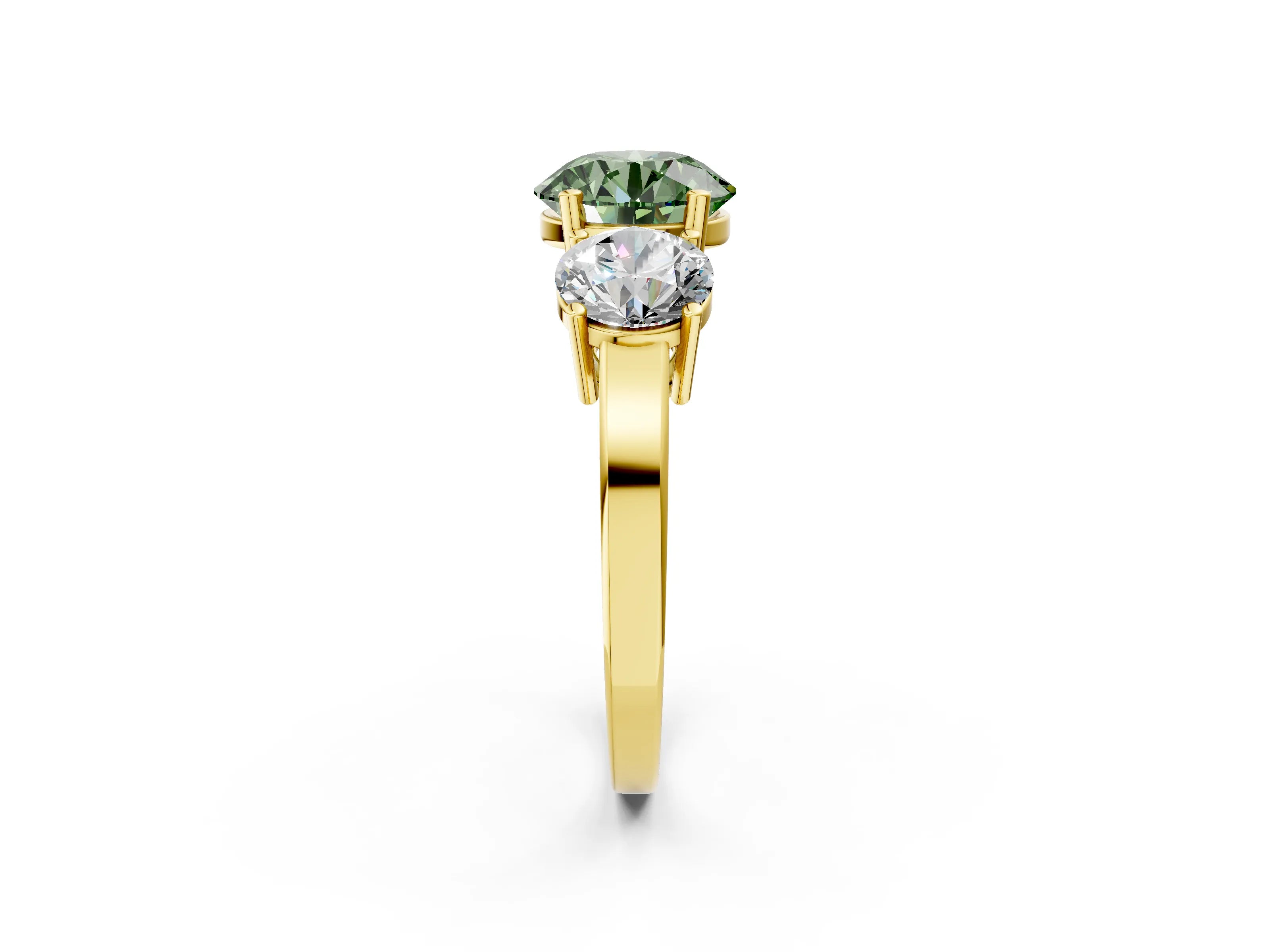Yellow gold Three-Stone Fancy Green Round Cut Cut Diamond Engagement Ring with Flat Band and Four-Prong Setting_2