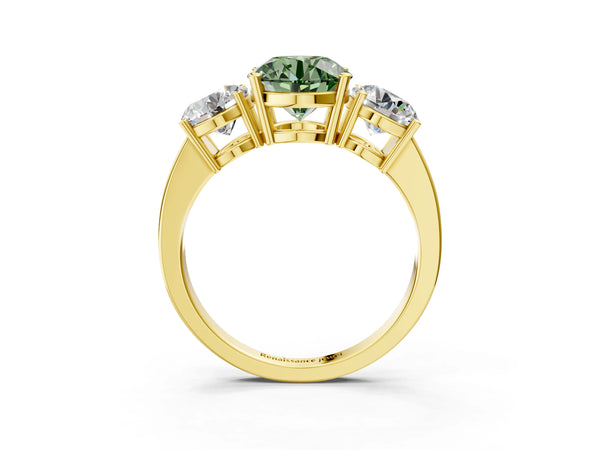 Yellow gold Three-Stone Fancy Green Round Cut Cut Diamond Engagement Ring with Flat Band and Four-Prong Setting