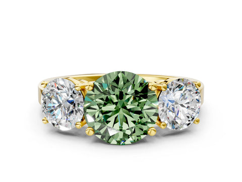 Yellow gold Three-Stone Fancy Green Round Cut Cut Diamond Engagement Ring with Flat Band and Four-Prong Setting