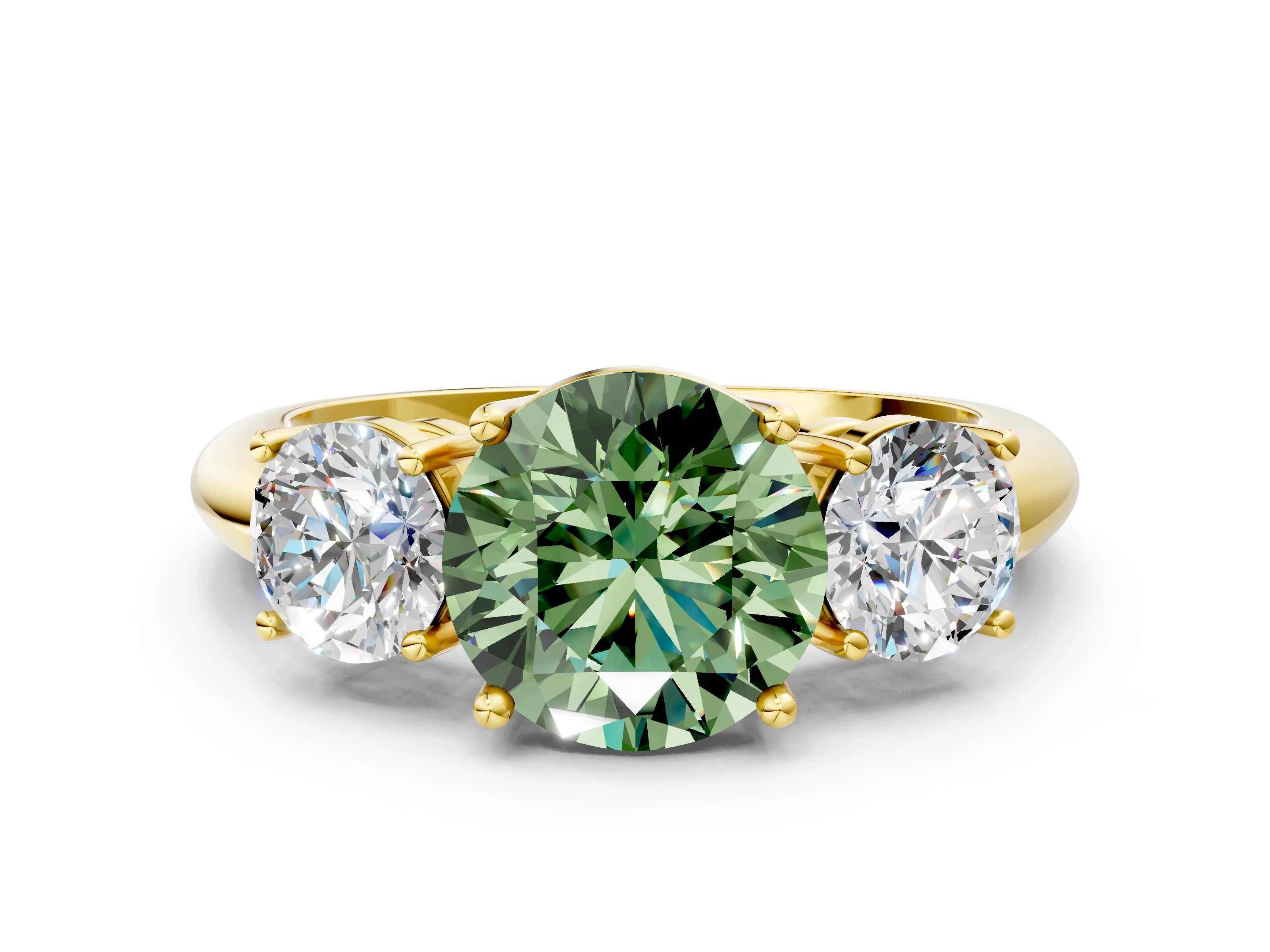 Yellow gold Three-Stone Fancy Green Round Cut Cut Diamond Engagement Ring with Prong Setting on a White Gold Band