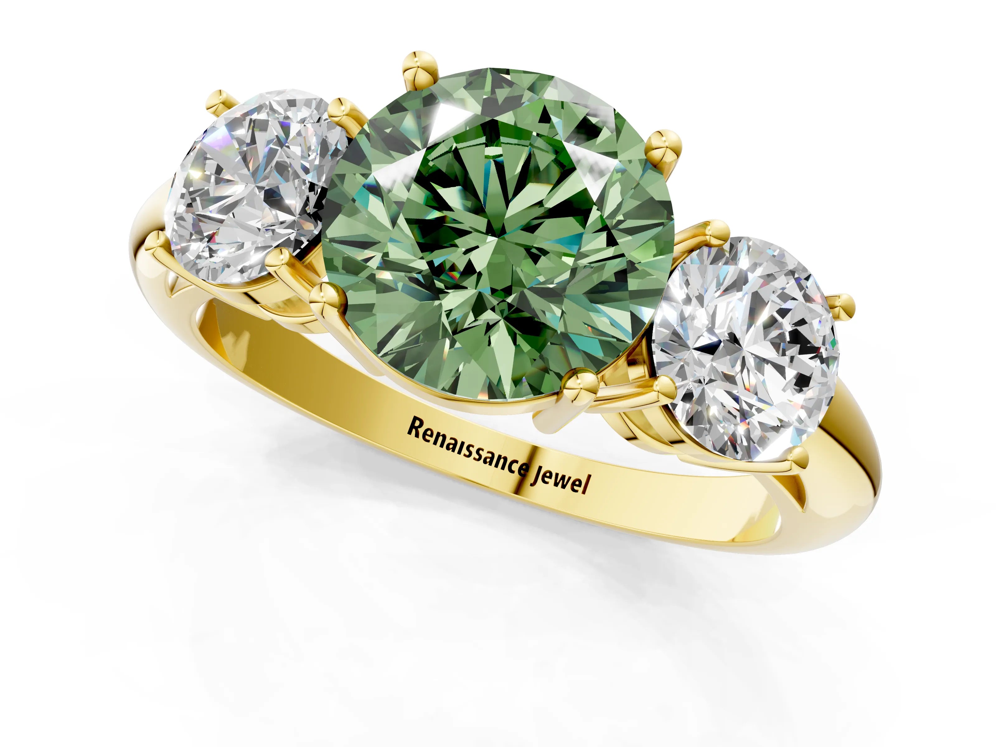 Yellow gold Three-Stone Fancy Green Round Cut Cut Diamond Engagement Ring with Prong Setting on a White Gold Band_1