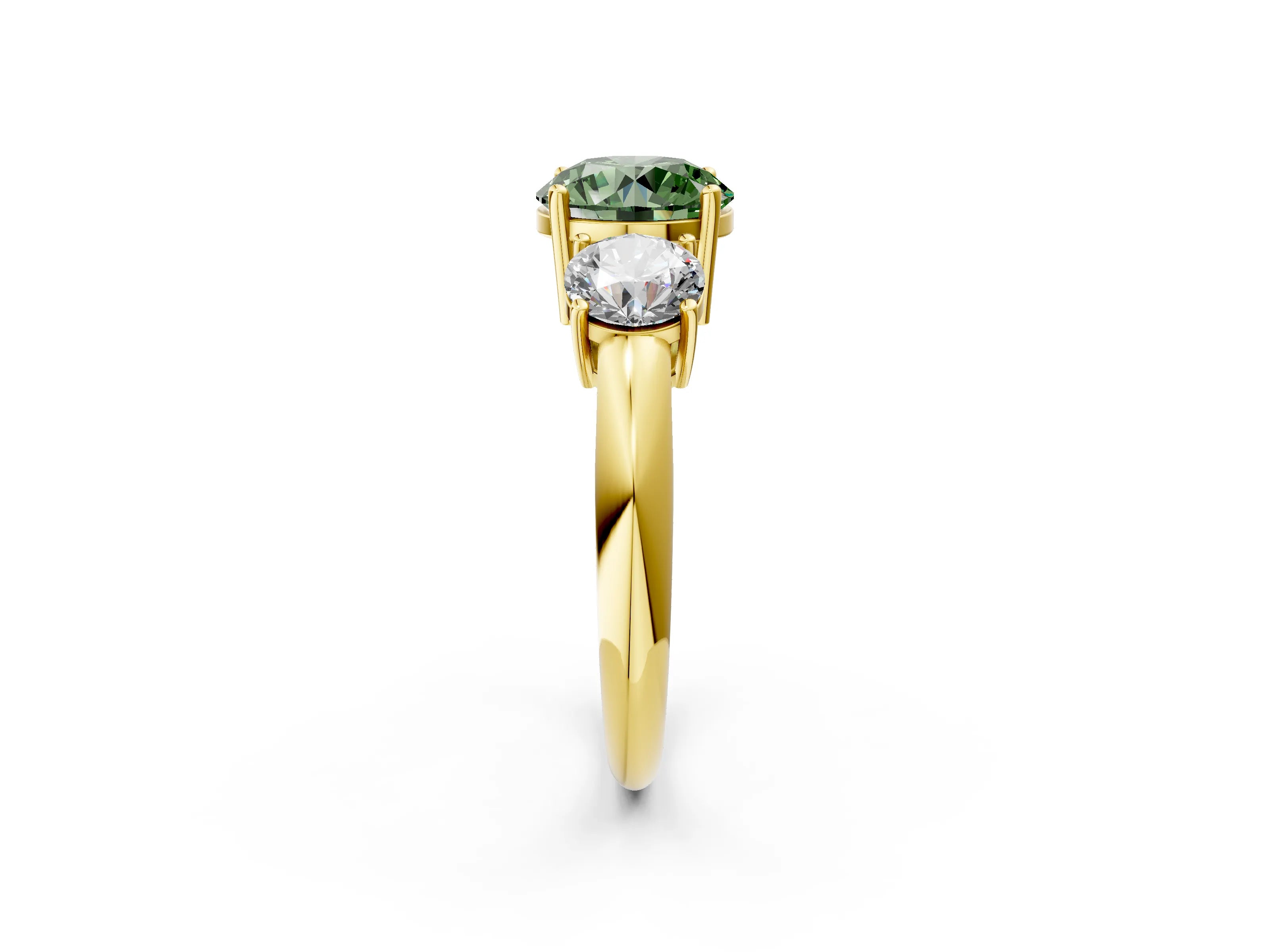 Yellow gold Three-Stone Fancy Green Round Cut Cut Diamond Engagement Ring with Prong Setting on a White Gold Band_2