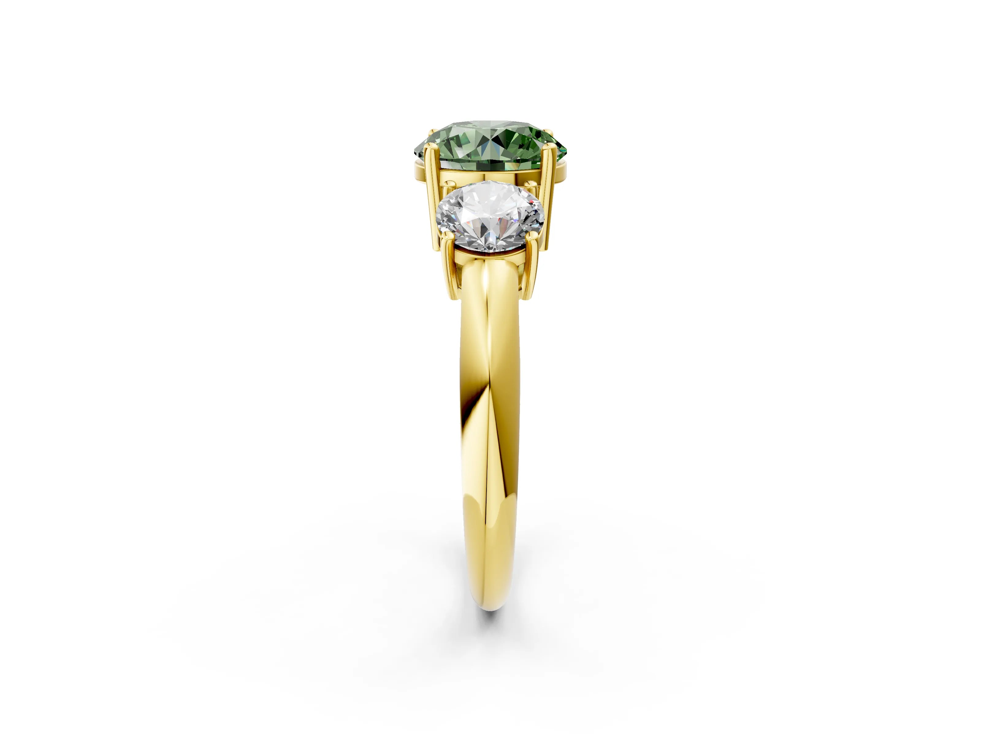 Yellow gold Three-Stone Fancy Green Round Cut Cut Diamond Engagement Ring with Prong Setting on a White Gold Band_26
