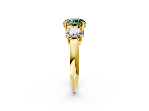 Yellow gold Three-Stone Fancy Green Round Cut Cut Diamond Engagement Ring with Prong Setting on a White Gold Band_2