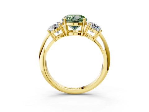 Yellow gold Three-Stone Fancy Green Round Cut Cut Diamond Engagement Ring with Prong Setting on a White Gold Band_3