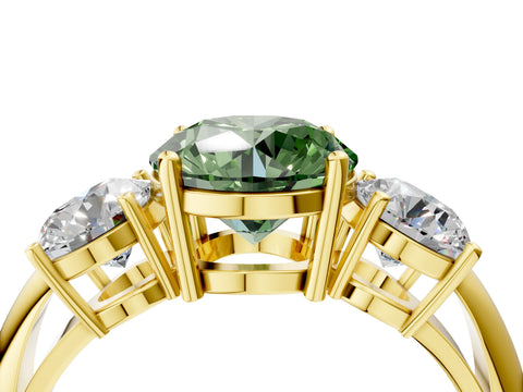 Yellow gold Three-Stone Fancy Green Round Cut Cut Diamond Engagement Ring with Prong Setting on a White Gold Band_4
