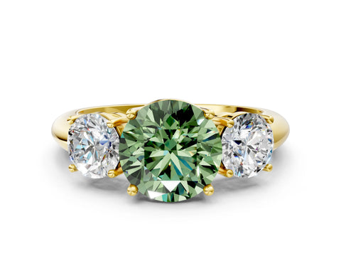 Yellow gold Three-Stone Fancy Green Round Cut Cut Diamond Engagement Ring with Prong Setting on a White Gold Band
