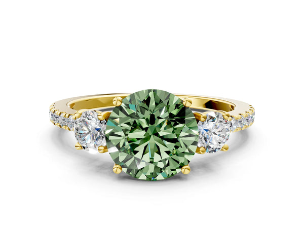 Yellow gold Three-Stone Fancy Green Round Cut Cut Diamond Pavé Band with Prong Setting