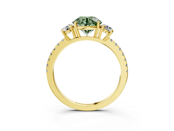Yellow gold Three-Stone Fancy Green Round Cut Cut Diamond Pavé Band with Prong Setting