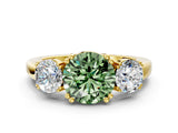 Yellow gold Three-Stone Fancy Green Round Cut Cut Diamond Ring with Channel Set Band and Four-Prong Setting
