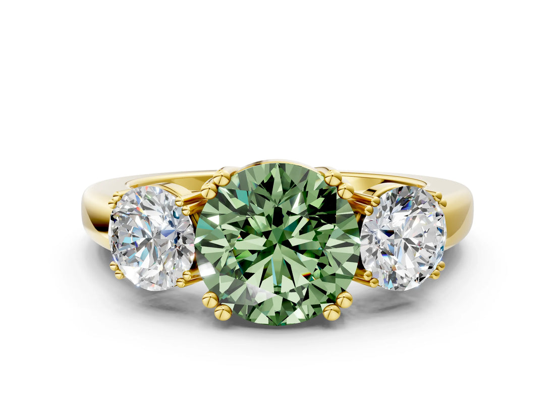 Yellow gold Three-Stone Fancy Green Round Cut Cut Diamond Ring with Channel Set Band and Four-Prong Setting_24
