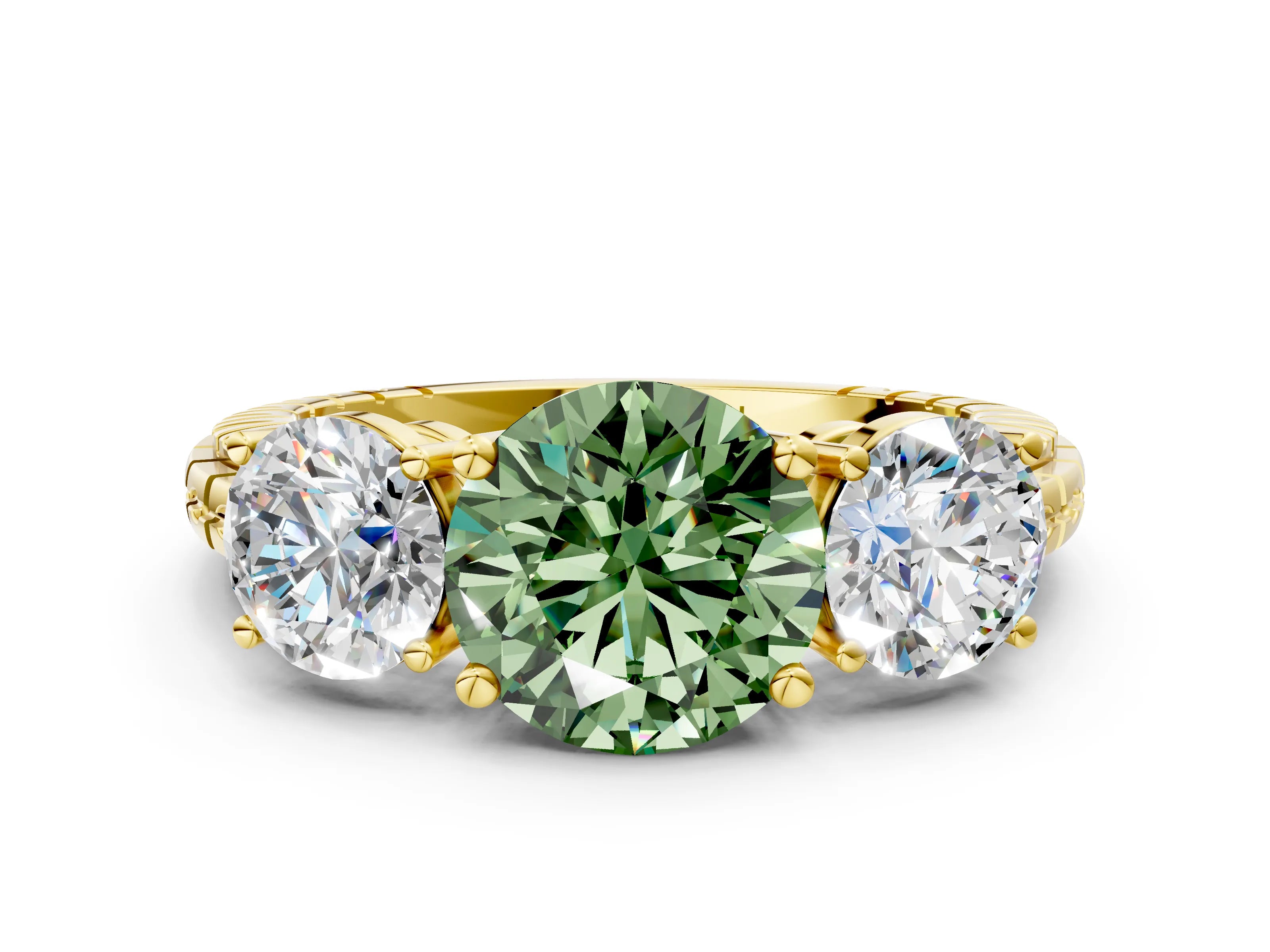Yellow gold Three-Stone Fancy Green Round Cut Cut Diamond Ring with Channel-Set Band and Prong Setting