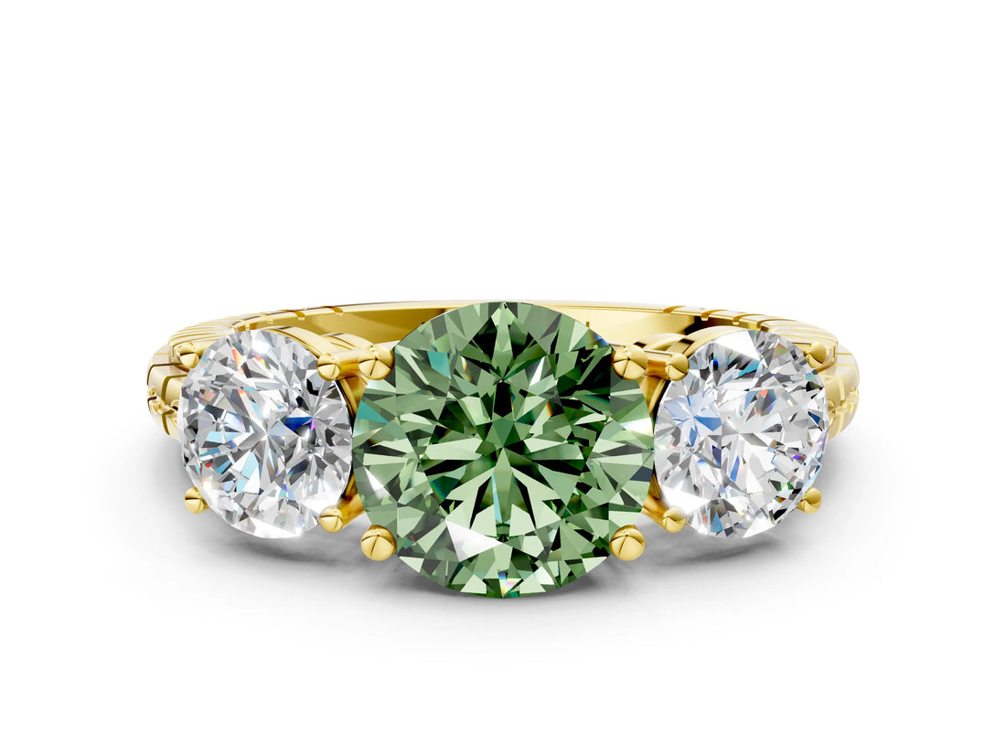 Yellow gold Three-Stone Fancy Green Round Cut Cut Diamond Ring with Channel-Set Band and Prong Setting