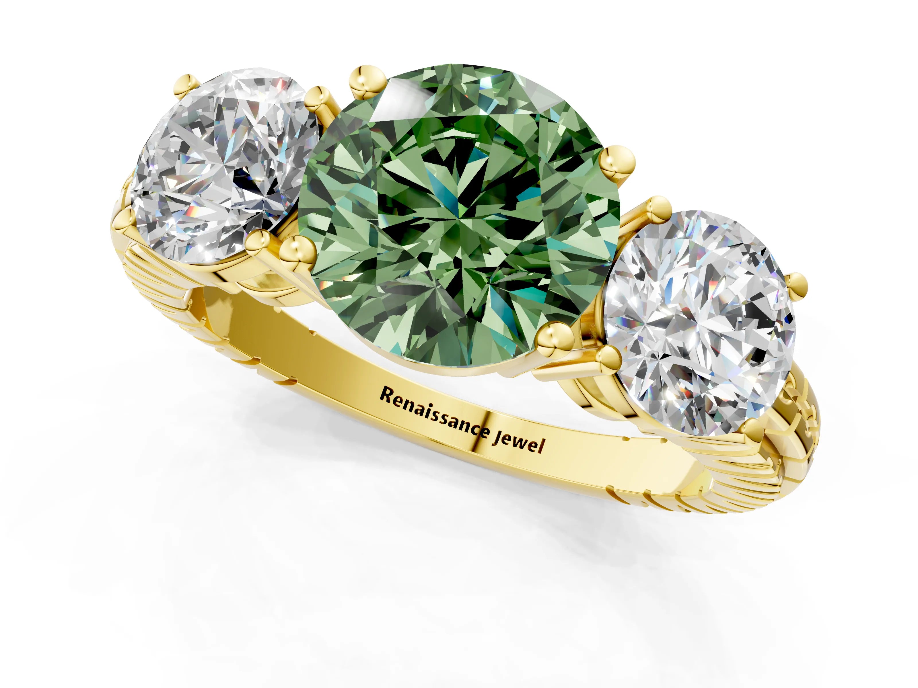 Yellow gold Three-Stone Fancy Green Round Cut Cut Diamond Ring with Channel-Set Band and Prong Setting_1