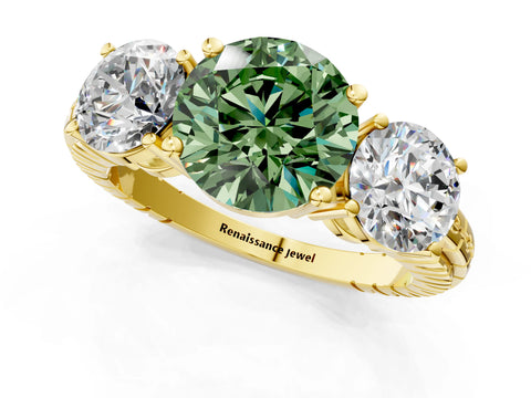 Yellow gold Three-Stone Fancy Green Round Cut Cut Diamond Ring with Channel-Set Band and Prong Setting_1